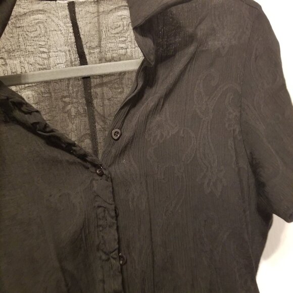 Vintage Sheer Textured Paisley Jacquard Cropped Black Button up Rouched Shirt - Picture 9 of 10
